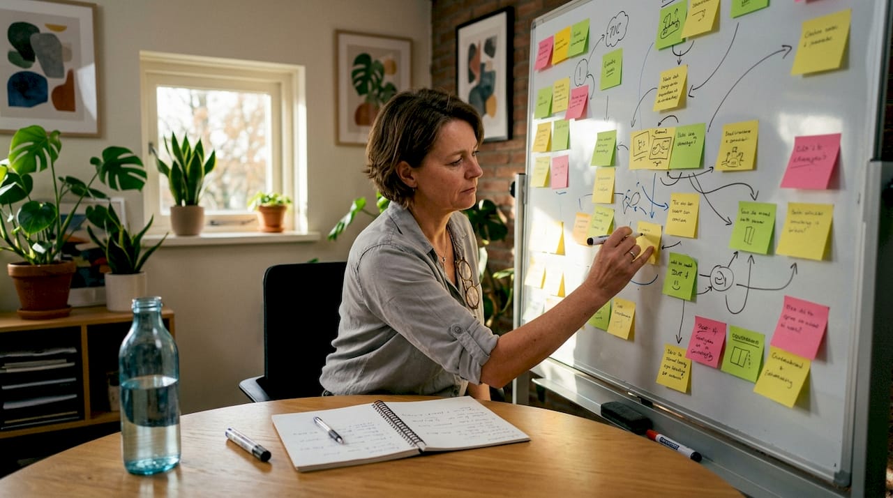 Een vrouw werkt vanuit haar thuiskantoor aan een slimme contentstrategie.