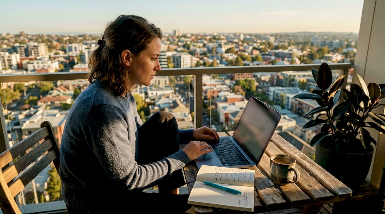 Een vrouw bekijkt thuis haar social media statistieken op de laptop.