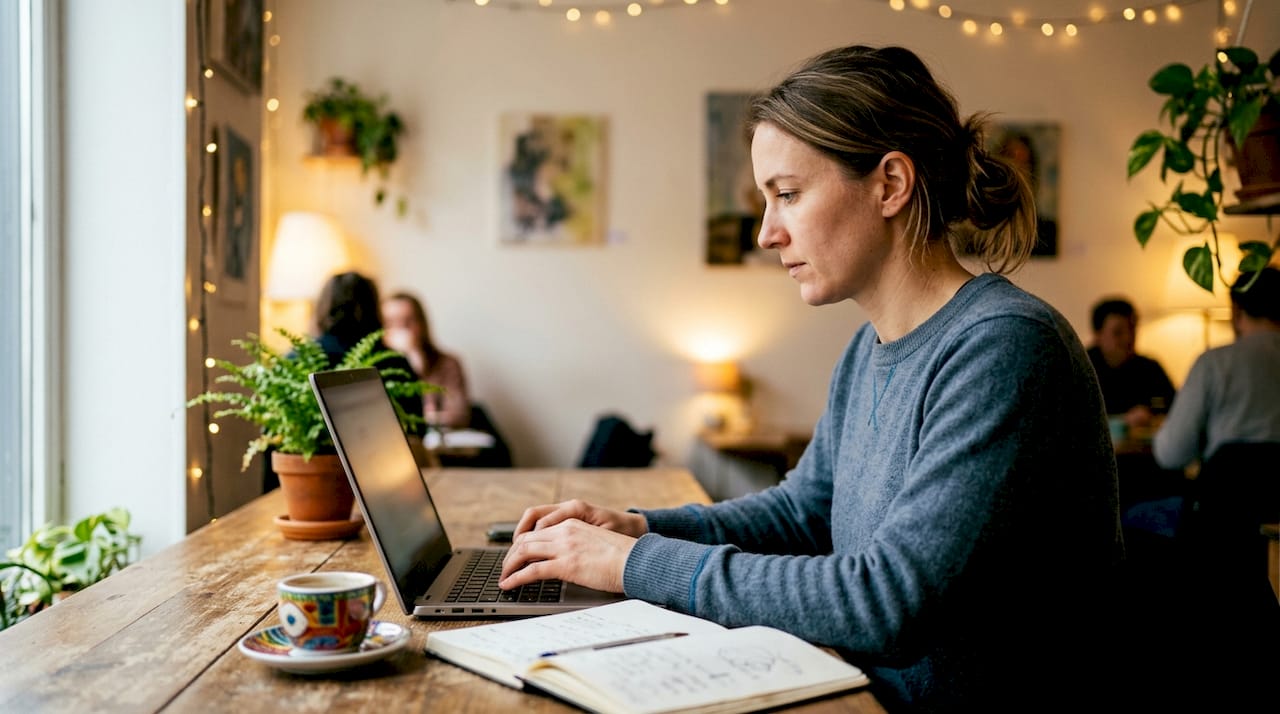 Vrouw werkt op haar laptop in een eigentijdse thuiskantooromgeving