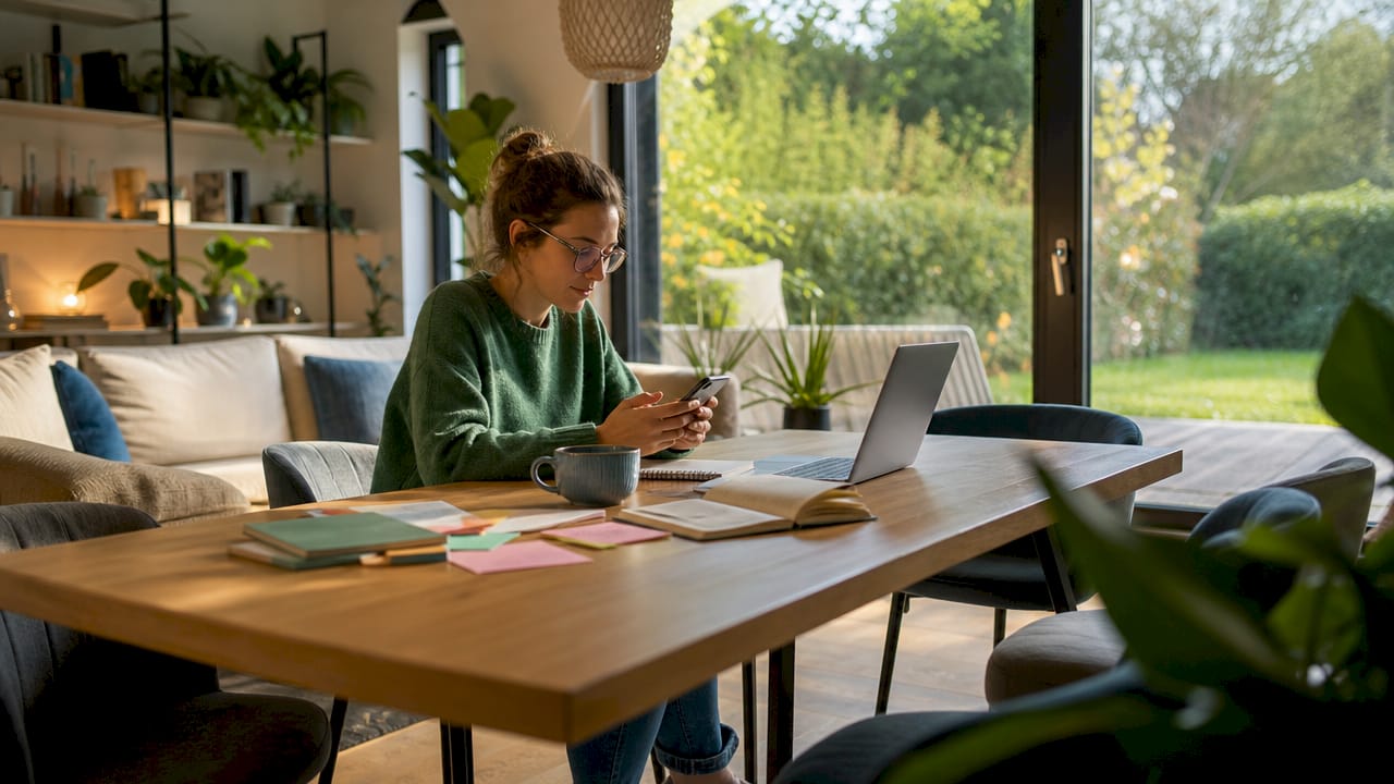 Vrouw checkt haar social media op haar smartphone terwijl ze thuis aan het werk is in een lichte kamer.