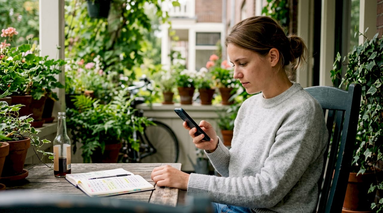 Een vrouw bladert op haar telefoon door haar sociale media-tijdlijn.