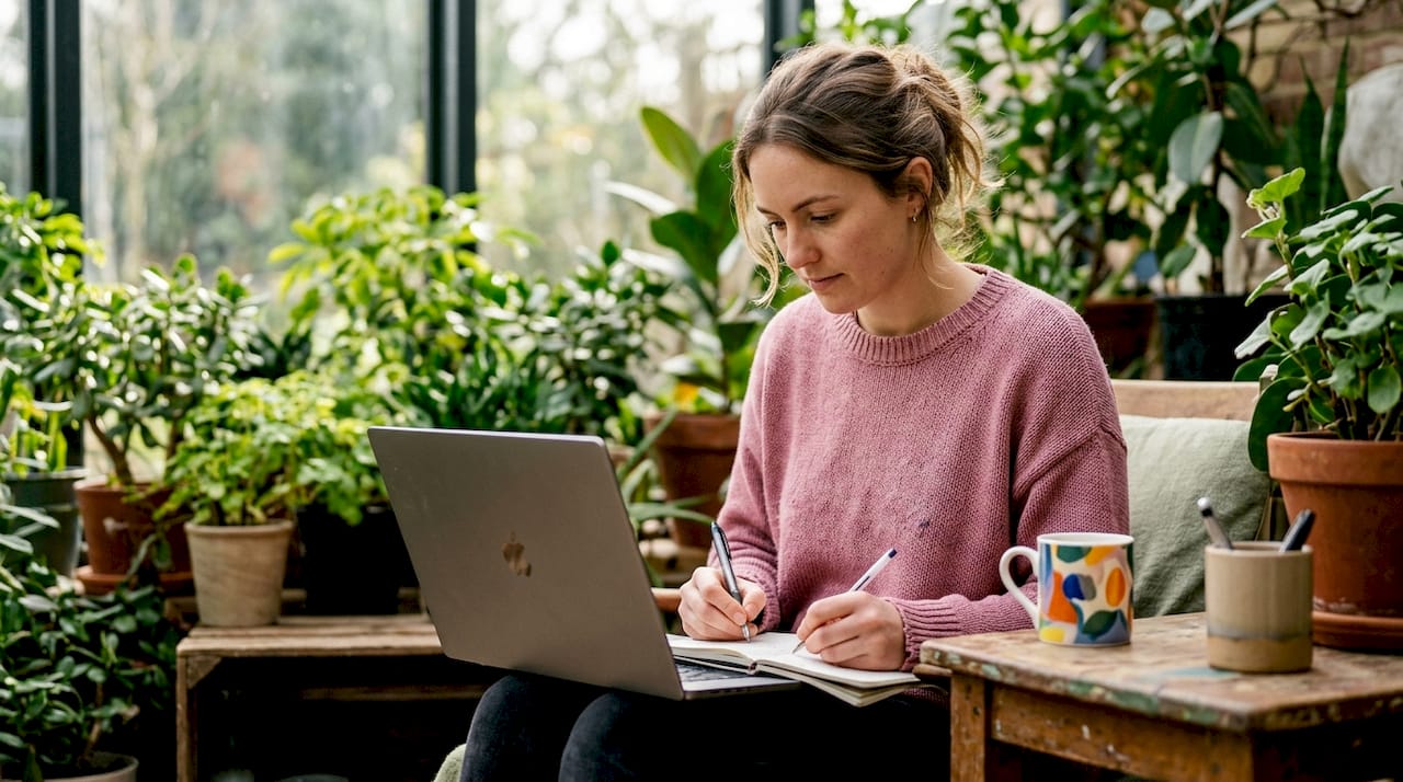 Een vrouw is vanuit huis bezig met het beheren van social media voor haar werk.