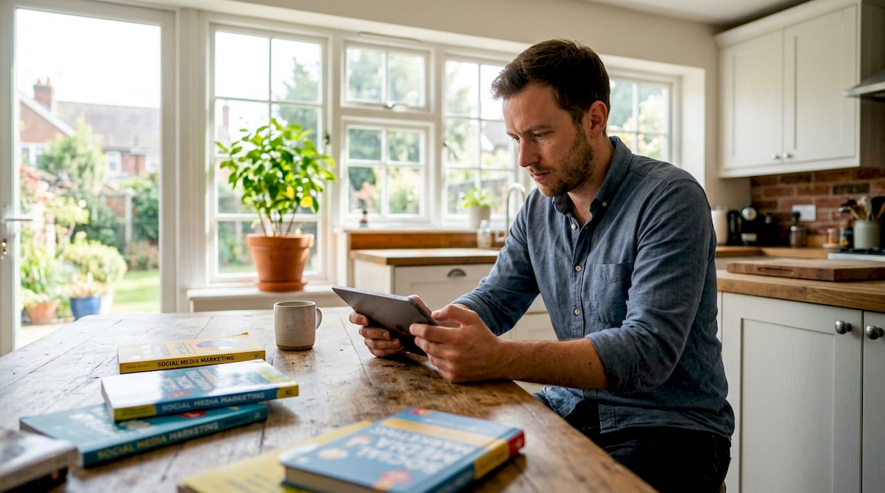 Een man analyseert zijn volgers op een tablet terwijl hij thuis aan het werk is.