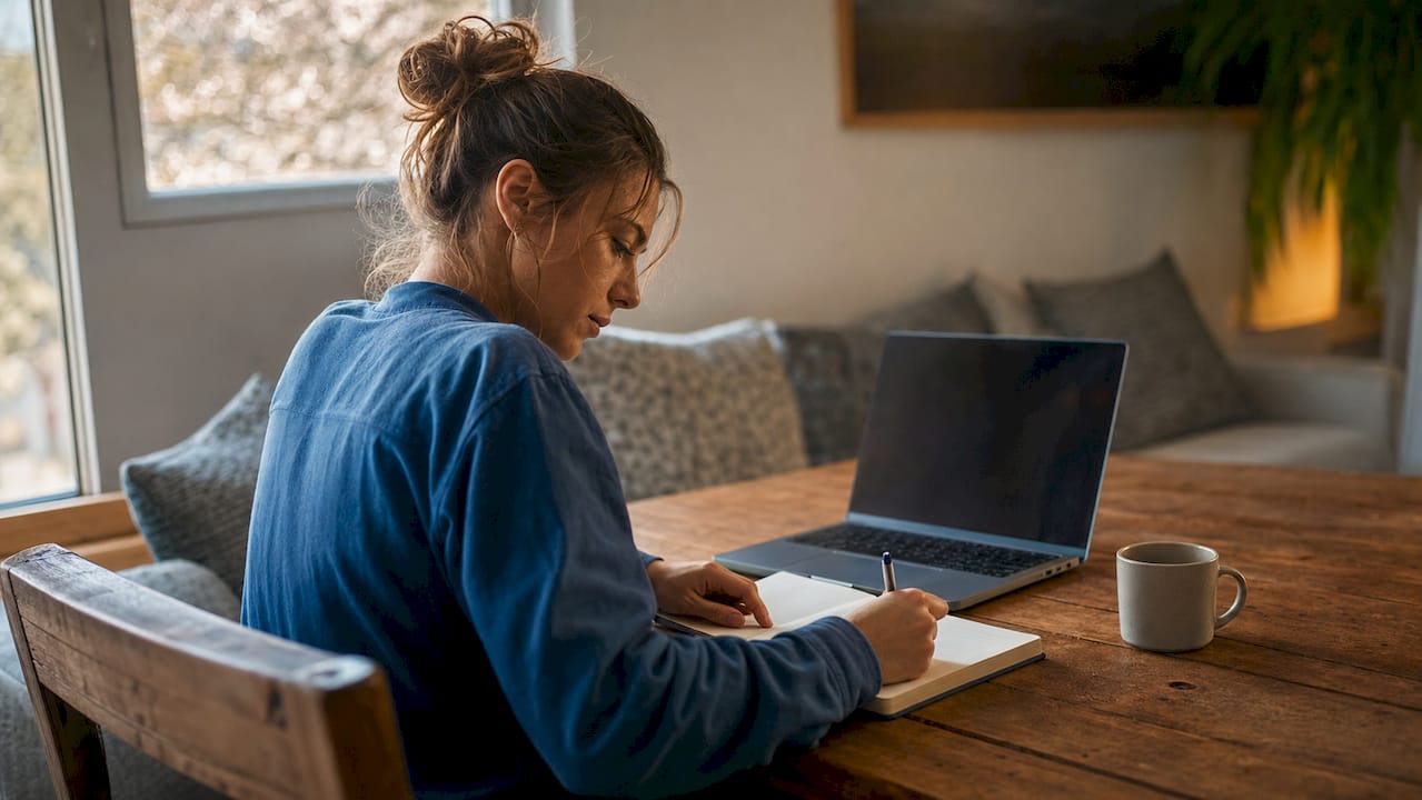 In een gezellige coworking-ruimte verdiept een vrouw zich in haar social media doelgroep.