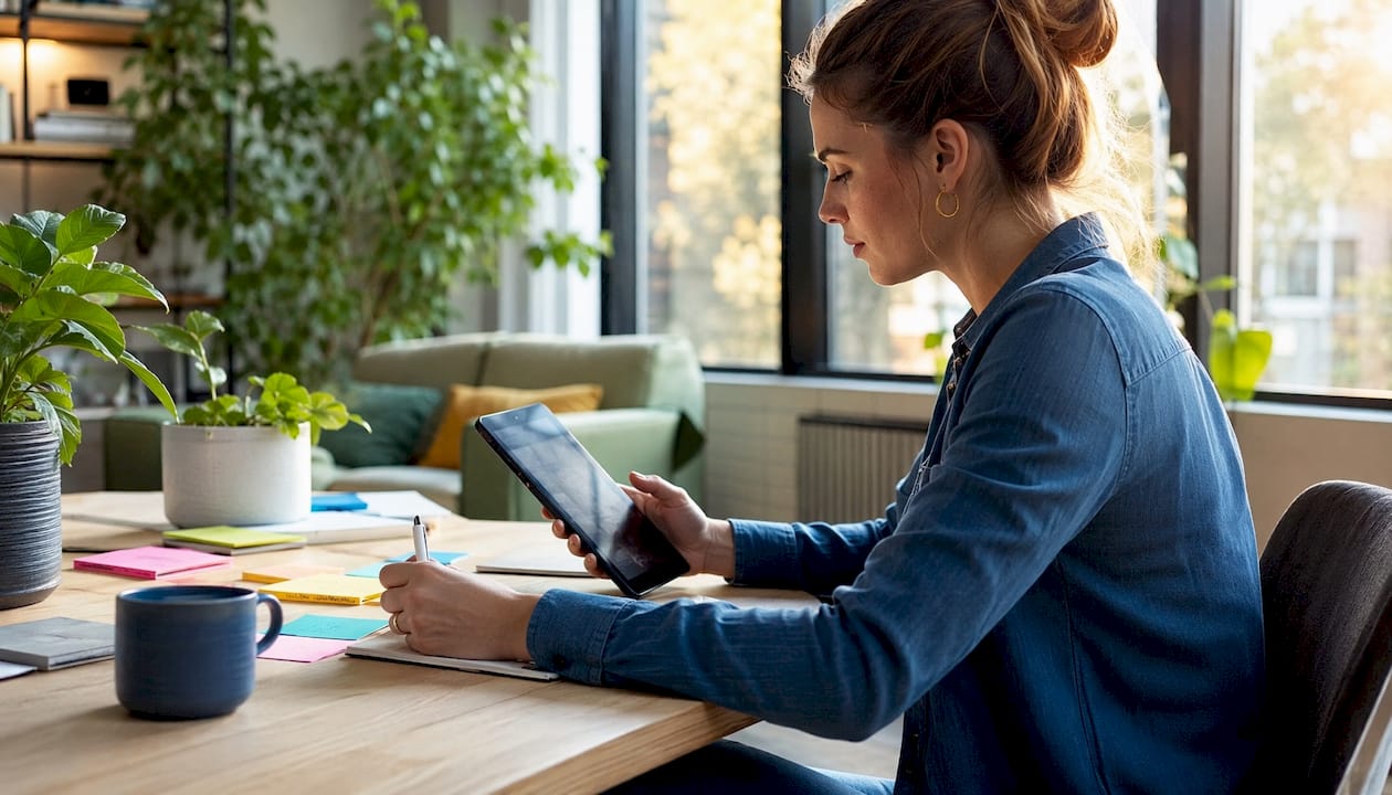Een vrouw zit op haar tablet te scrollen door haar social media.