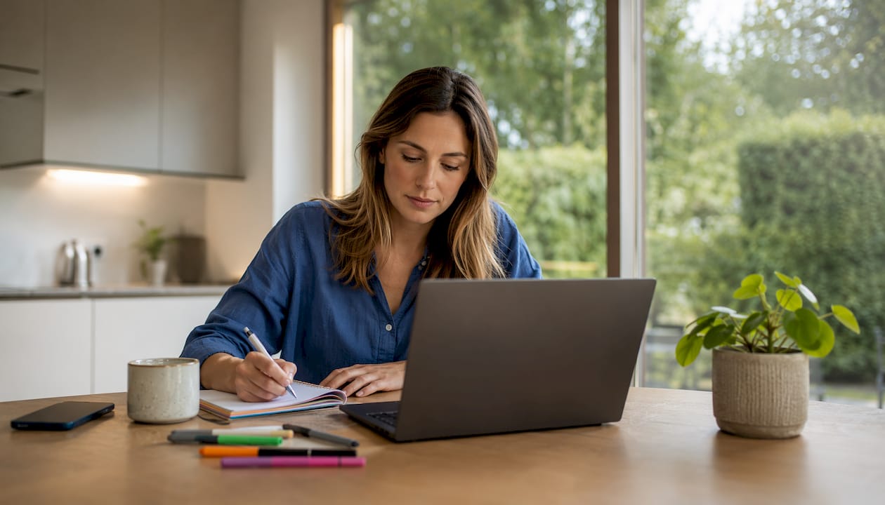Thuis zet een vrouw zich aan haar bureau om een slimme strategie te bedenken waarmee ze haar social media kan laten groeien.