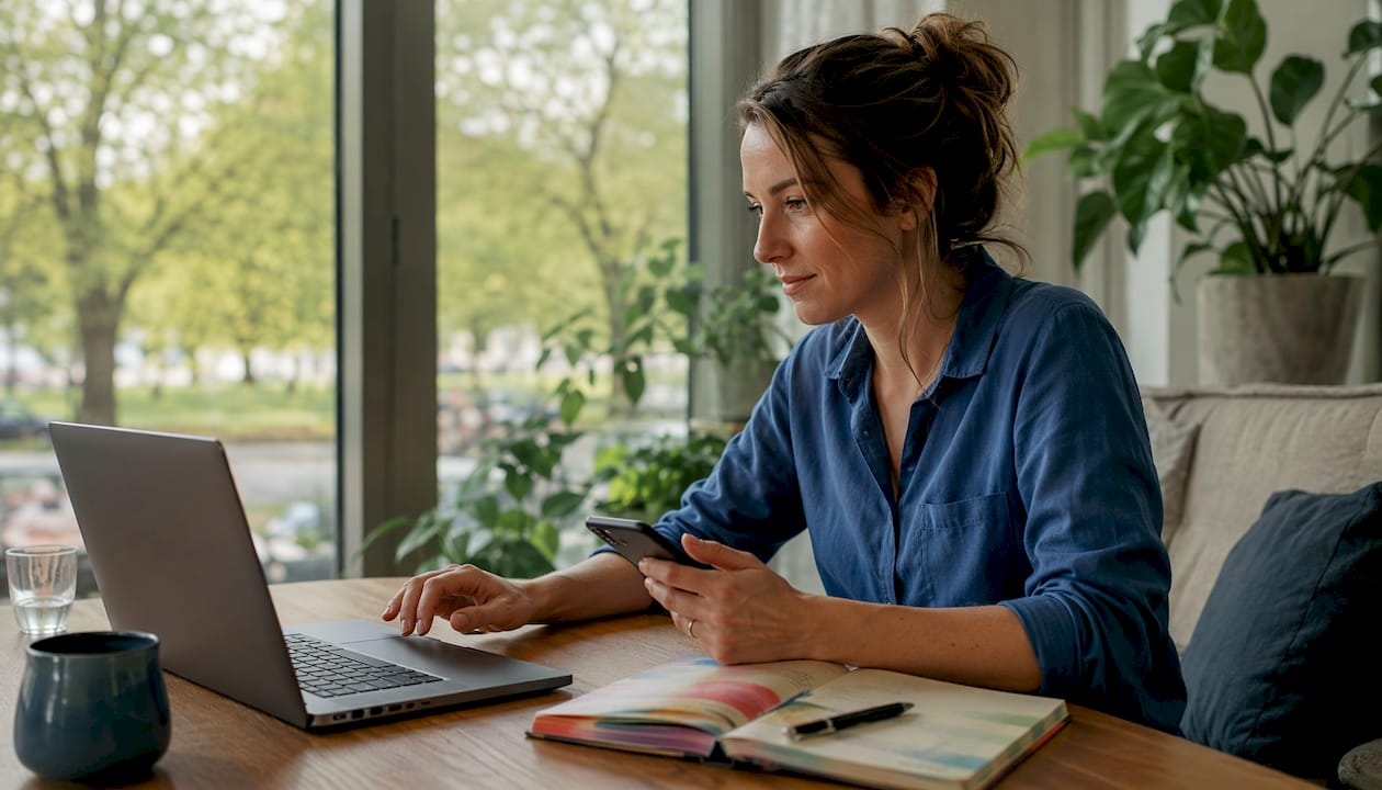 Vrouw verdiept zich in digitale content op haar apparaten