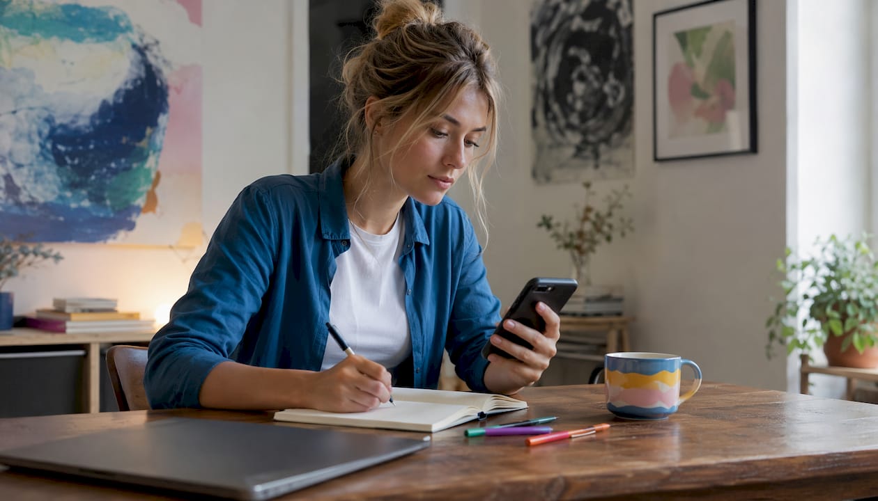 Een vrouw zet haar smartphone in om haar bedrijf te promoten via sociale media.